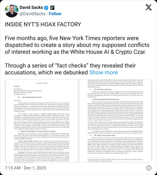 Дэвид Сакс назвал статью NYT о конфликте интересов «пустышкой» Дэвид Сакс назвал статью NYT о конфликте интересов «пустышкой»